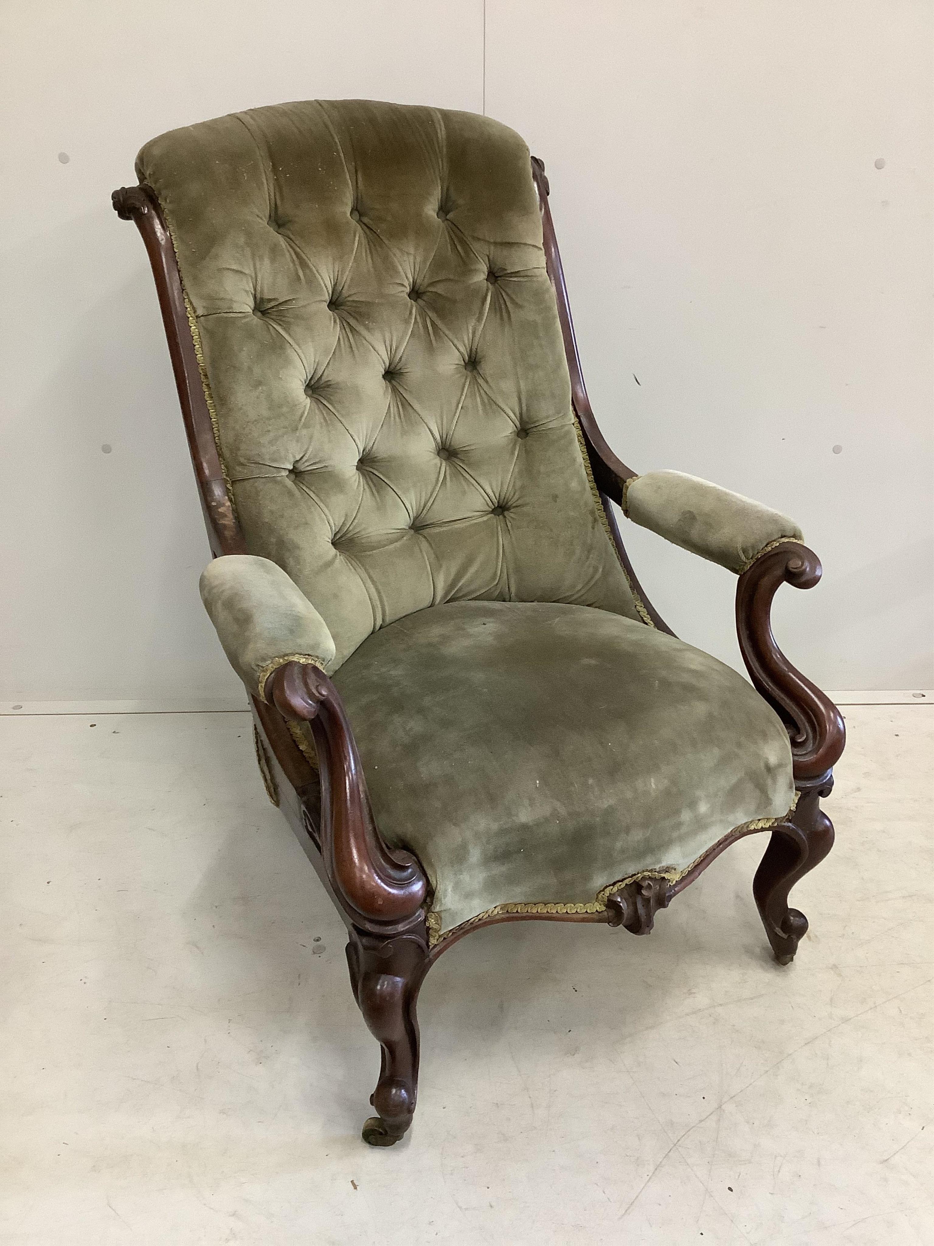 A pair of early Victorian mahogany upholstered open armchairs, width 68cm, depth 68cm, height 98cm. Condition - fair